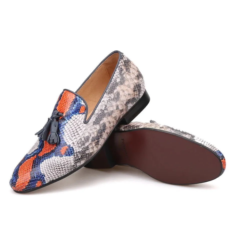 Tassle Loafers OneDrop Handmade Men Dress Shoes Cow Leather Snake Pattern Party Wedding Prom Loafers