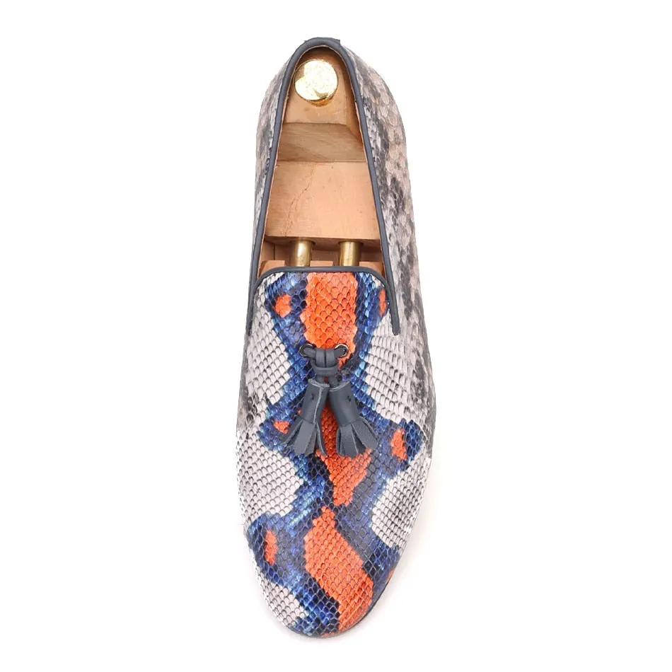 OneDrop Handmade Men Dress Shoes Cow Leather Snake Pattern Party Wedding Prom Loafers Fringe Loafers