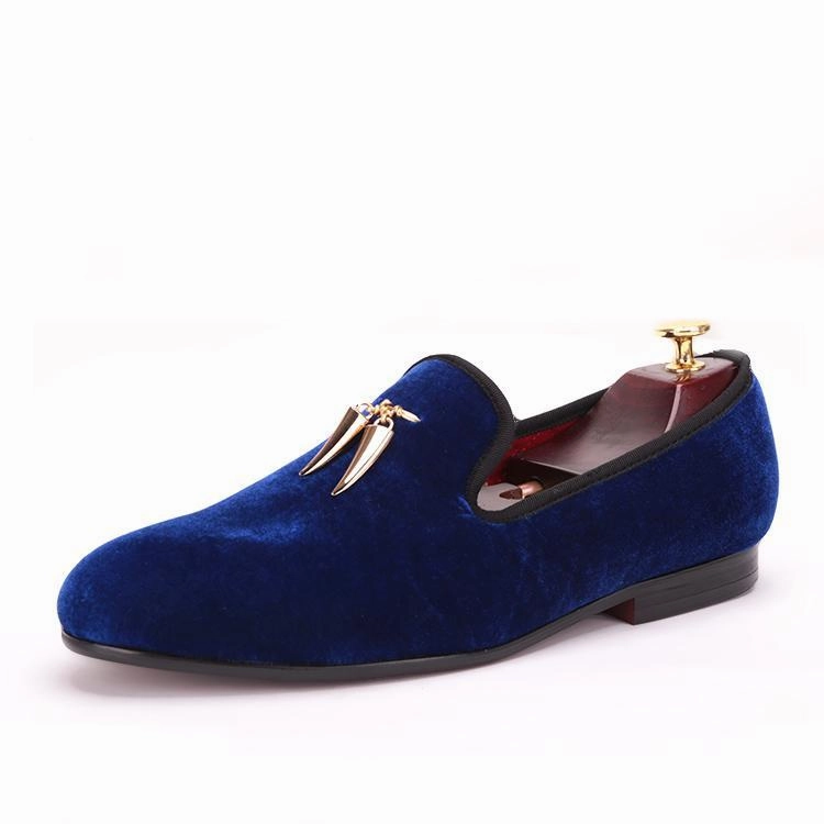 OneDrop Gold Metal Shark Tooth Handmade Men Velvet Wedding Party Prom Loafers