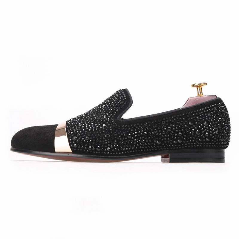 OneDrop Handmade Black Diamonds Men Dress Shoes Gold Strap Banquet Party Wedding Prom Loafers Tux Loafers