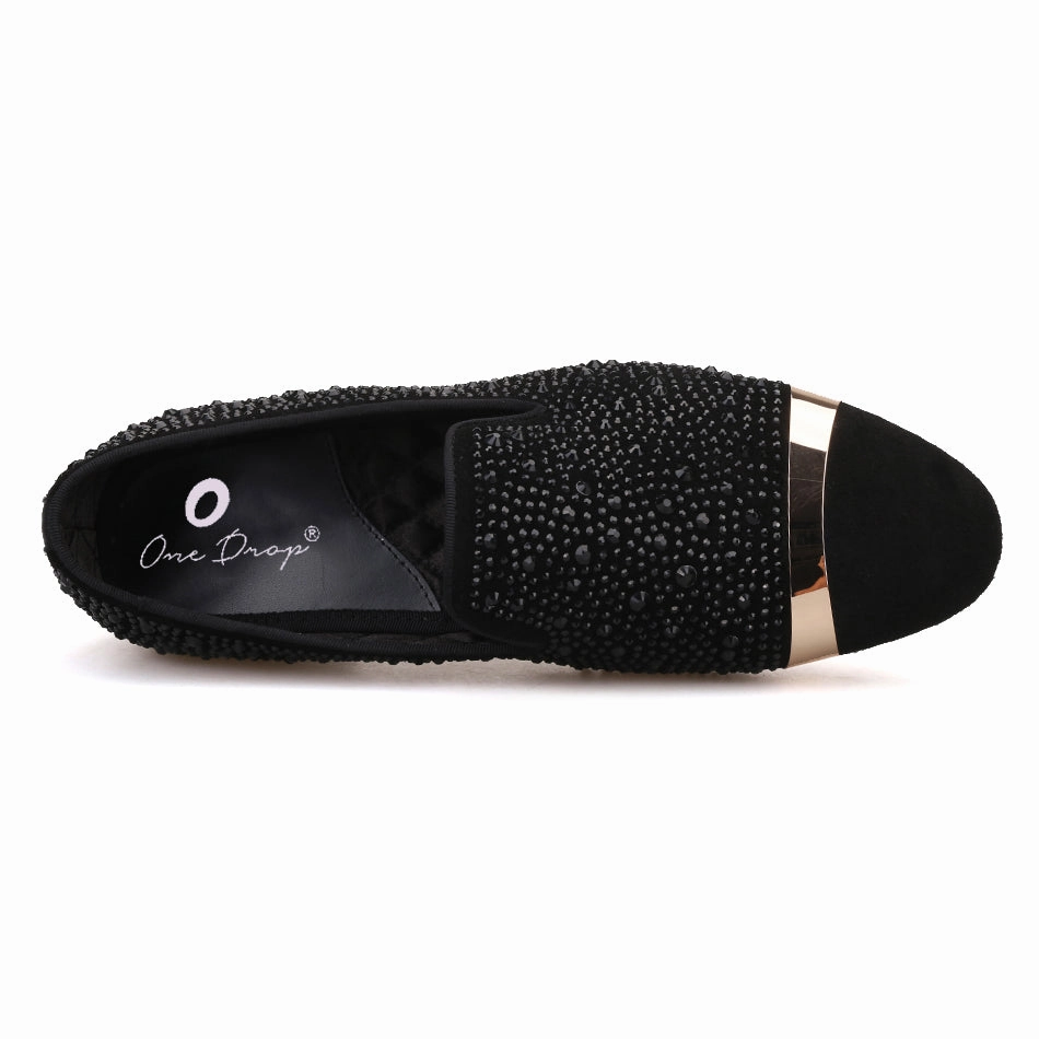 Heel Loafers OneDrop Handmade Black Diamonds Men Dress Shoes Gold Strap Banquet Party Wedding Prom Loafers