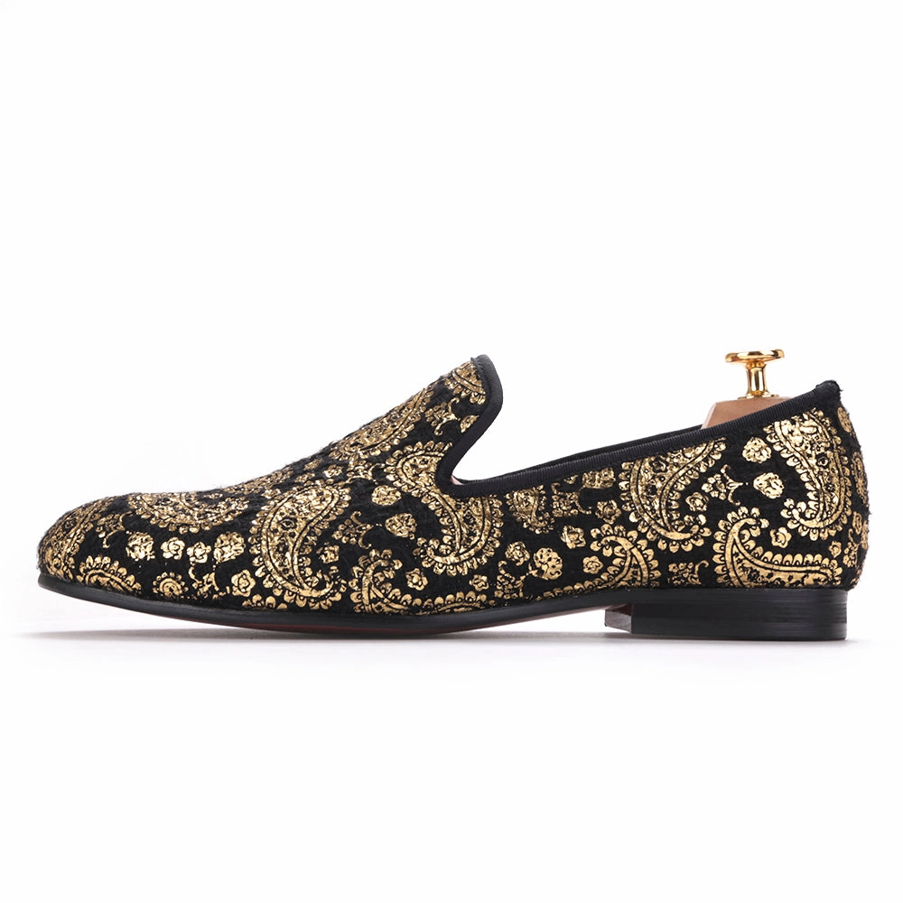 OneDrop Handmade Gold Cashew Flower Print Men Velvet Dress Shoes Party Wedding Prom Loafers Loafers With Silver Buckle