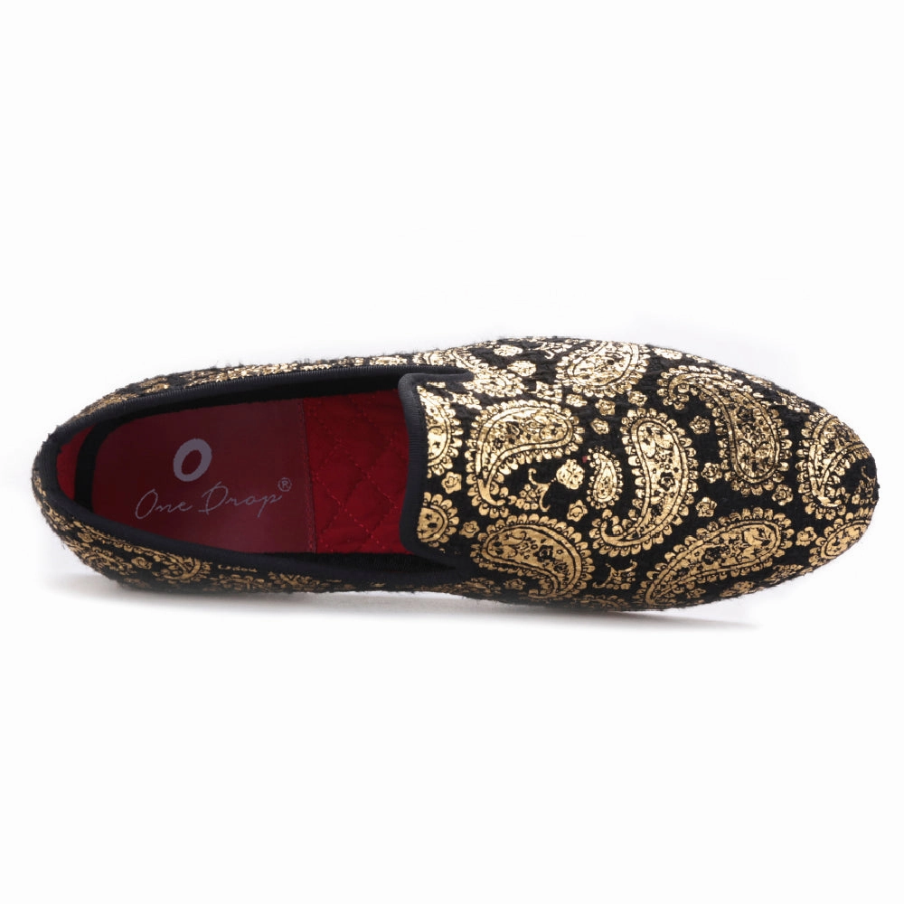 OneDrop Handmade Gold Cashew Flower Print Men Velvet Dress Shoes Party Wedding Prom Loafers Hunter Rain Loafers