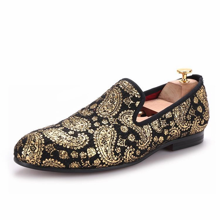 OneDrop Handmade Gold Cashew Flower Print Men Velvet Dress Shoes Party Wedding Prom Loafers Corkys Loafers