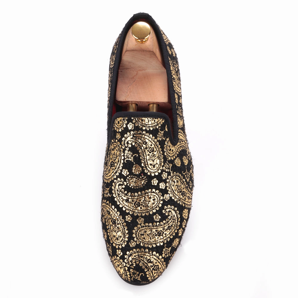 Usa Made Loafers OneDrop Handmade Gold Cashew Flower Print Men Velvet Dress Shoes Party Wedding Prom Loafers