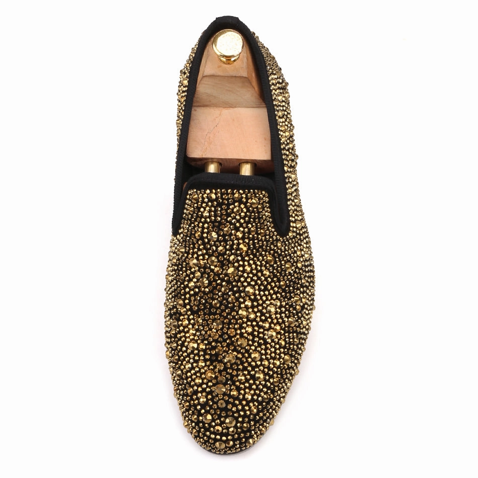 Nautical Loafers OneDrop Handmade Men Dress Shoes Gold Crystals Suede Crafted Wedding Party Prom Loafers