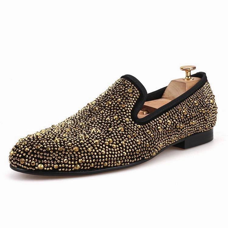 Leather Loafers Shoes OneDrop Handmade Men Dress Shoes Gold Crystals Suede Crafted Wedding Party Prom Loafers