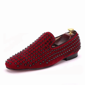 Leather Driver Loafers OneDrop Handmade Men Dress Shoes Velvet Black Spikes Rivets Party Wedding Prom Loafers