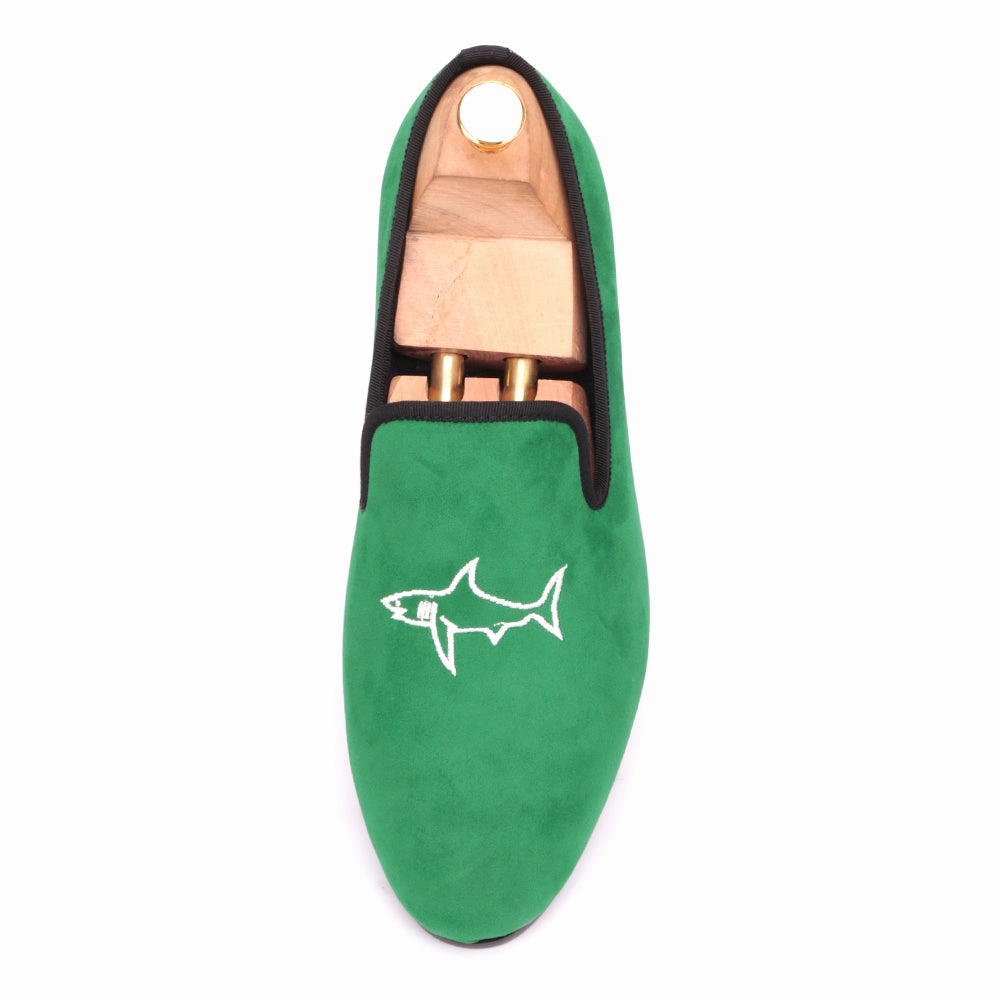 OneDrop Handmade Men Green Velvet Dress Shoes Shark Embroidery Party Wedding Prom Loafers Best Dress Loafers
