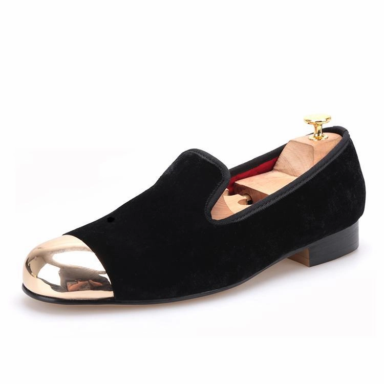 OneDrop Handmade Men Metal Toe Black Velvet Dress Shoes Prom Wedding Party Banquet Loafers Academia Loafers