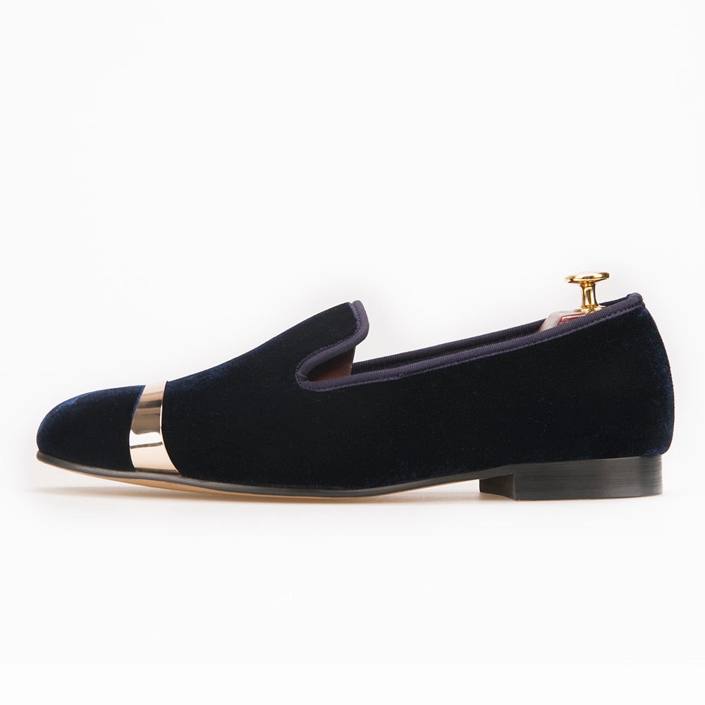 Sonoma Suede Loafers OneDrop Handmade Men Navy Velvet Gold Metal Toe Dress Shoes Party Wedding Prom Loafers