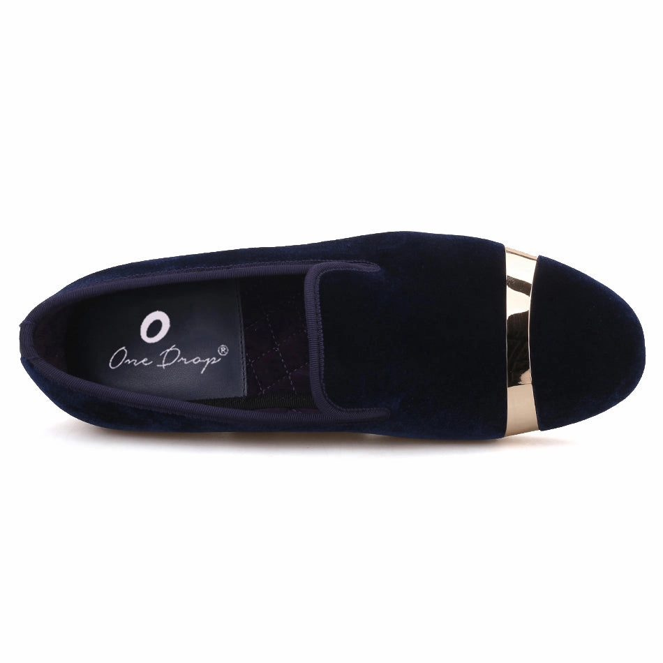 Womens Loafers OneDrop Handmade Men Navy Velvet Gold Metal Toe Dress Shoes Party Wedding Prom Loafers