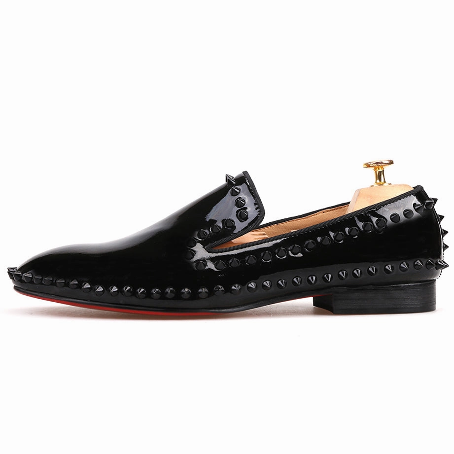 Dexflex Comfort Loafers OneDrop Handmade Patent Leather Men Dress Shoes Black Spikes Red Bottom Wedding Party Prom Loafers