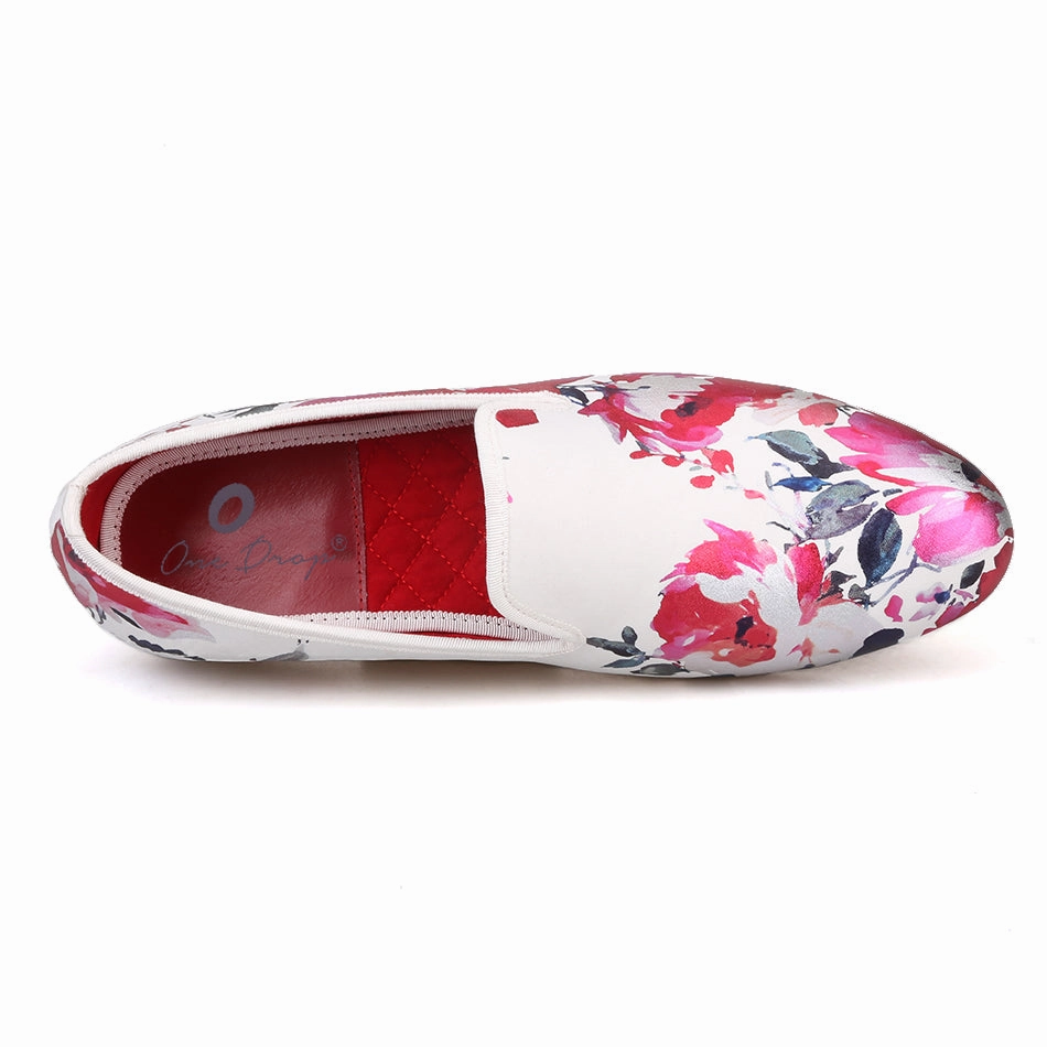 Women Coach Loafers OneDrop Handmade White Color Print Gold Flower Men Wedding Party Prom Loafers