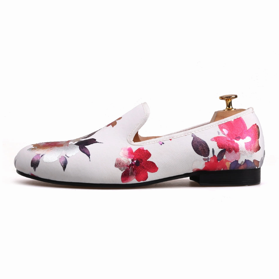 Mocassins Loafers OneDrop Handmade White Color Print Gold Flower Men Wedding Party Prom Loafers