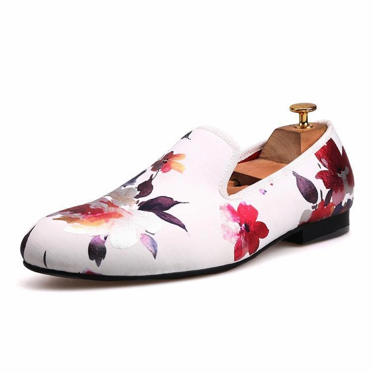 OneDrop Handmade White Color Print Gold Flower Men Wedding Party Prom Loafers Homecoming Loafers