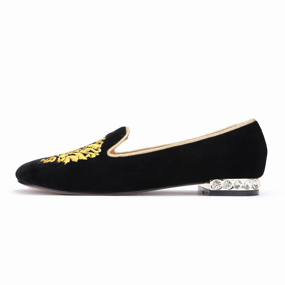 OneDrop Handmade Women Gold Flower Embroidery Velvet Dress Shoes Rhinestone Heel Party Wedding Prom Loafers Slip On Mule Loafers