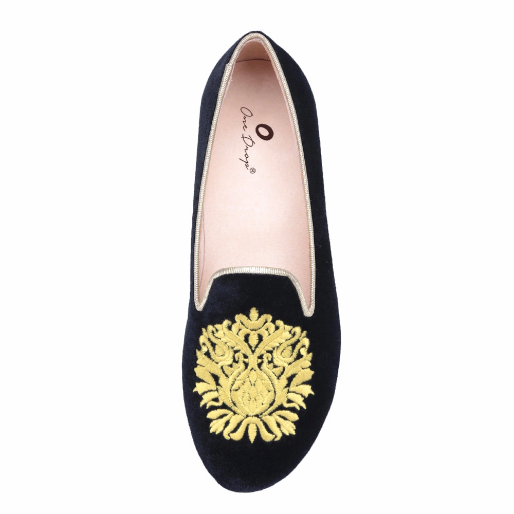 Soft Loafers OneDrop Handmade Women Gold Flower Embroidery Velvet Dress Shoes Rhinestone Heel Party Wedding Prom Loafers