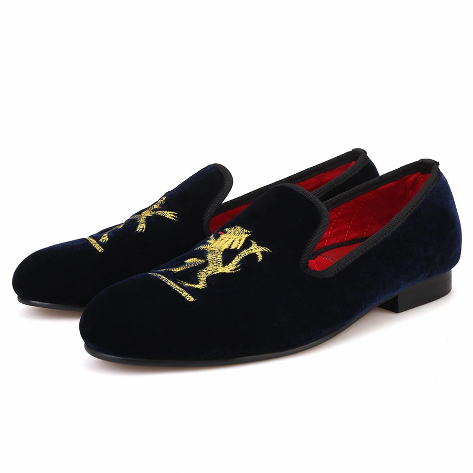 OneDrop Lion Embroidery Velvet Men Handmade Dress Shoes Party Wedding Banquet Prom Loafer Loafers Socks