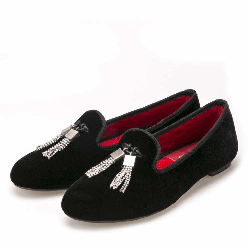 OneDrop Women Velvet Dress Shoes Rhinestone Tassel Wedding Party Prom Loafers Hardy Loafers