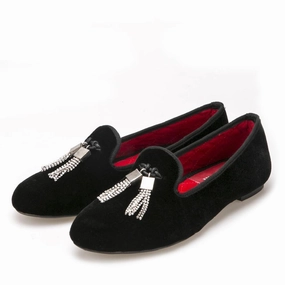 OneDrop Women Velvet Dress Shoes Rhinestone Tassel Wedding Party Prom Loafers Napoli Loafers