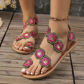 Ethnic Style Flowers Flat Sandals Summer Vacation Casual Clip Toe Beach Shoes For Women Homecoming Flat Shoes