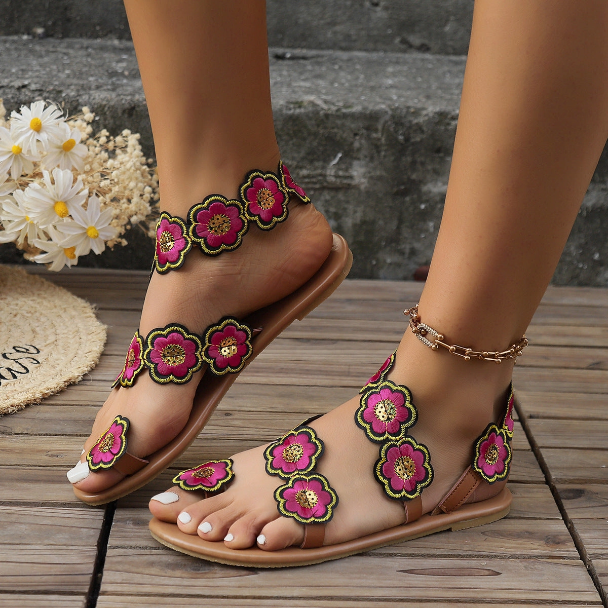 Best Skate Shoes For Flat Feet Ethnic Style Flowers Flat Sandals Summer Vacation Casual Clip Toe Beach Shoes For Women