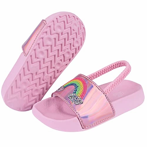 Knitted Slippers Holographic Girls Flip Flops Summer Sliders | Rainbows | Pink