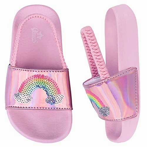 Holographic Girls Flip Flops Summer Sliders | Rainbows | Pink Tasman Platform Slippers