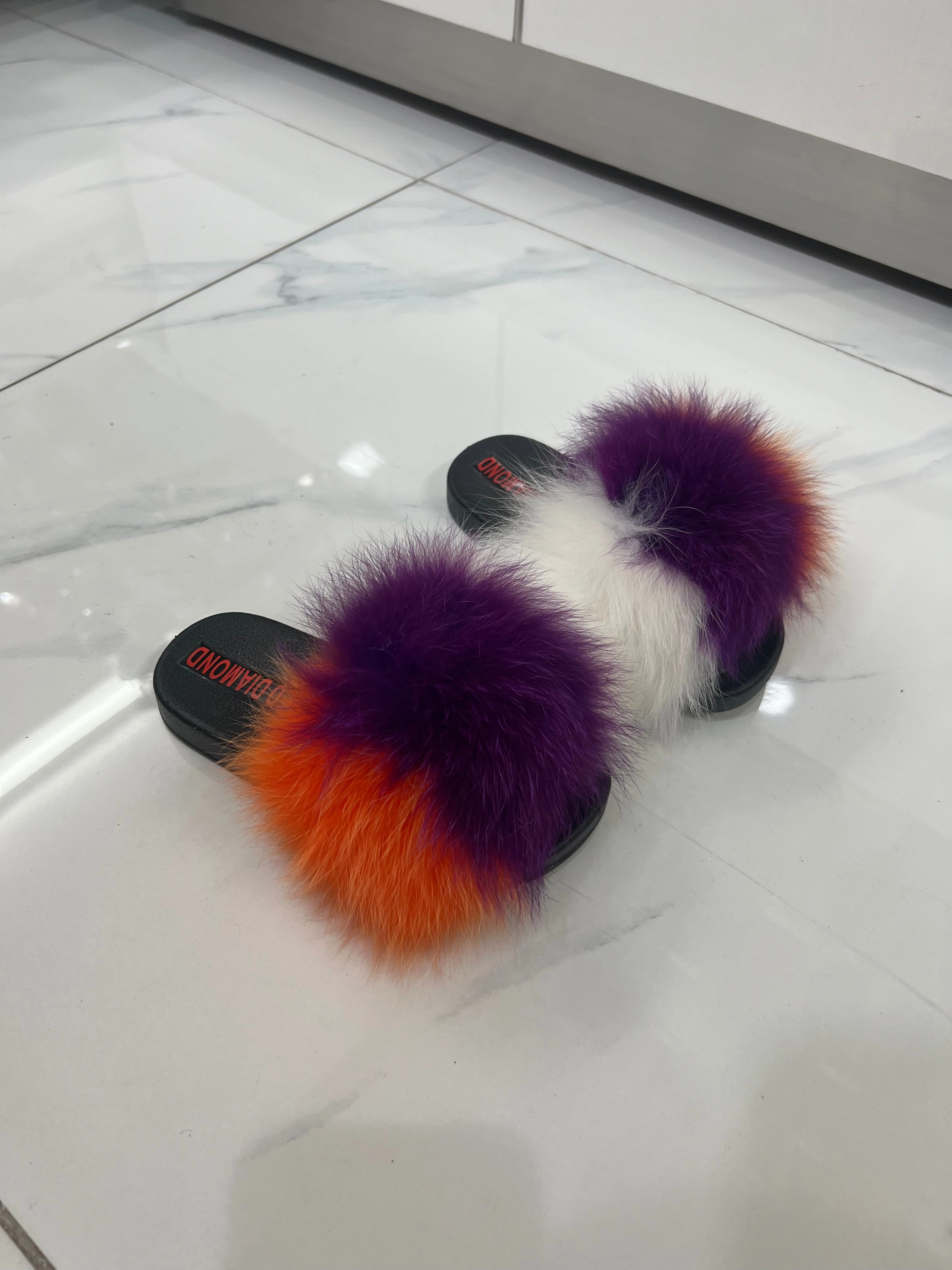 Fuzzy Slip On Slippers Kids faux fur slides white-purple-orange