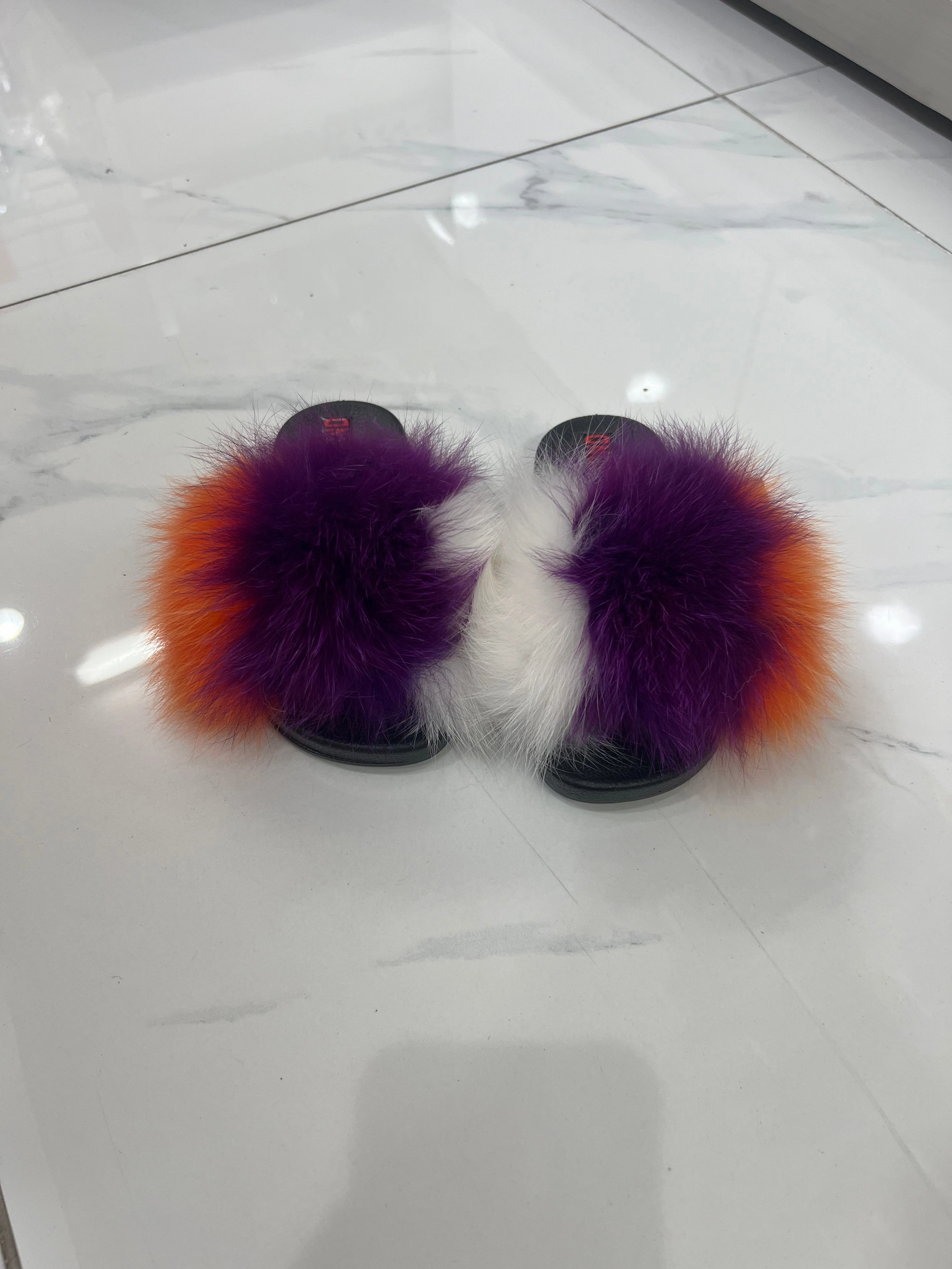 Warm Outdoor Slippers Kids faux fur slides white-purple-orange