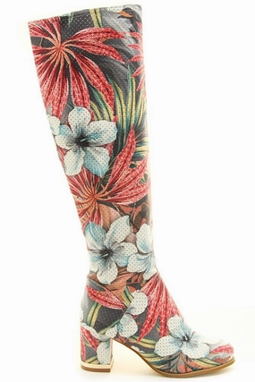 Dress With Boots Perforated Leatherette Tropical Floral Knee High Go-Go Boot