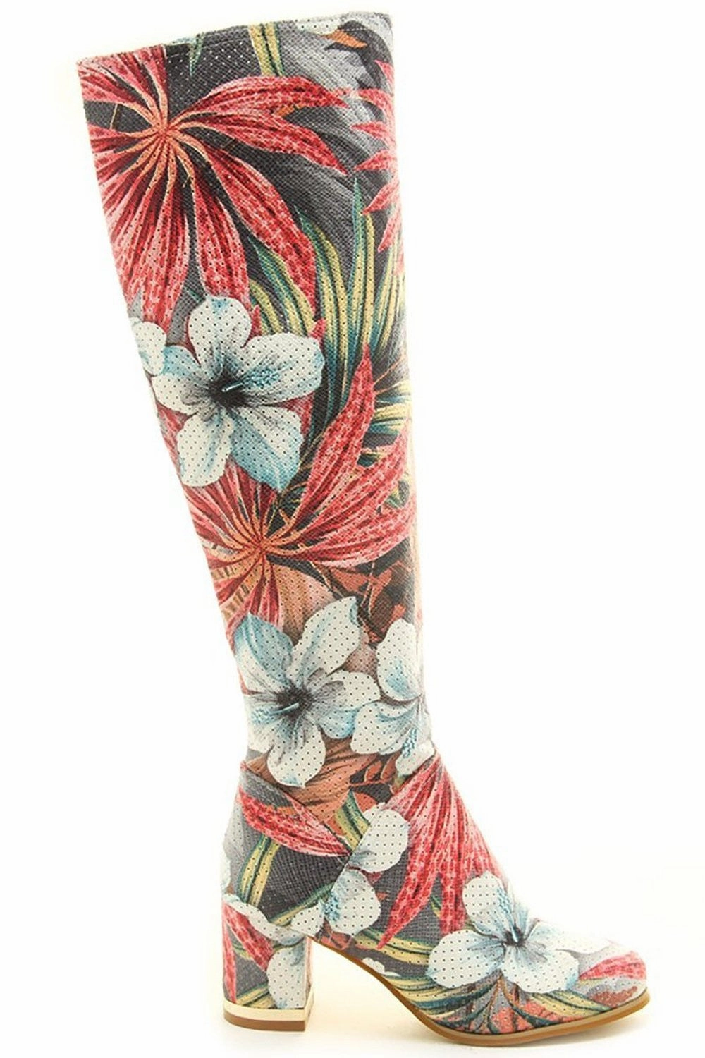 Perforated Leatherette Tropical Floral Knee High Go-Go Boot Marimekko Rain Boots