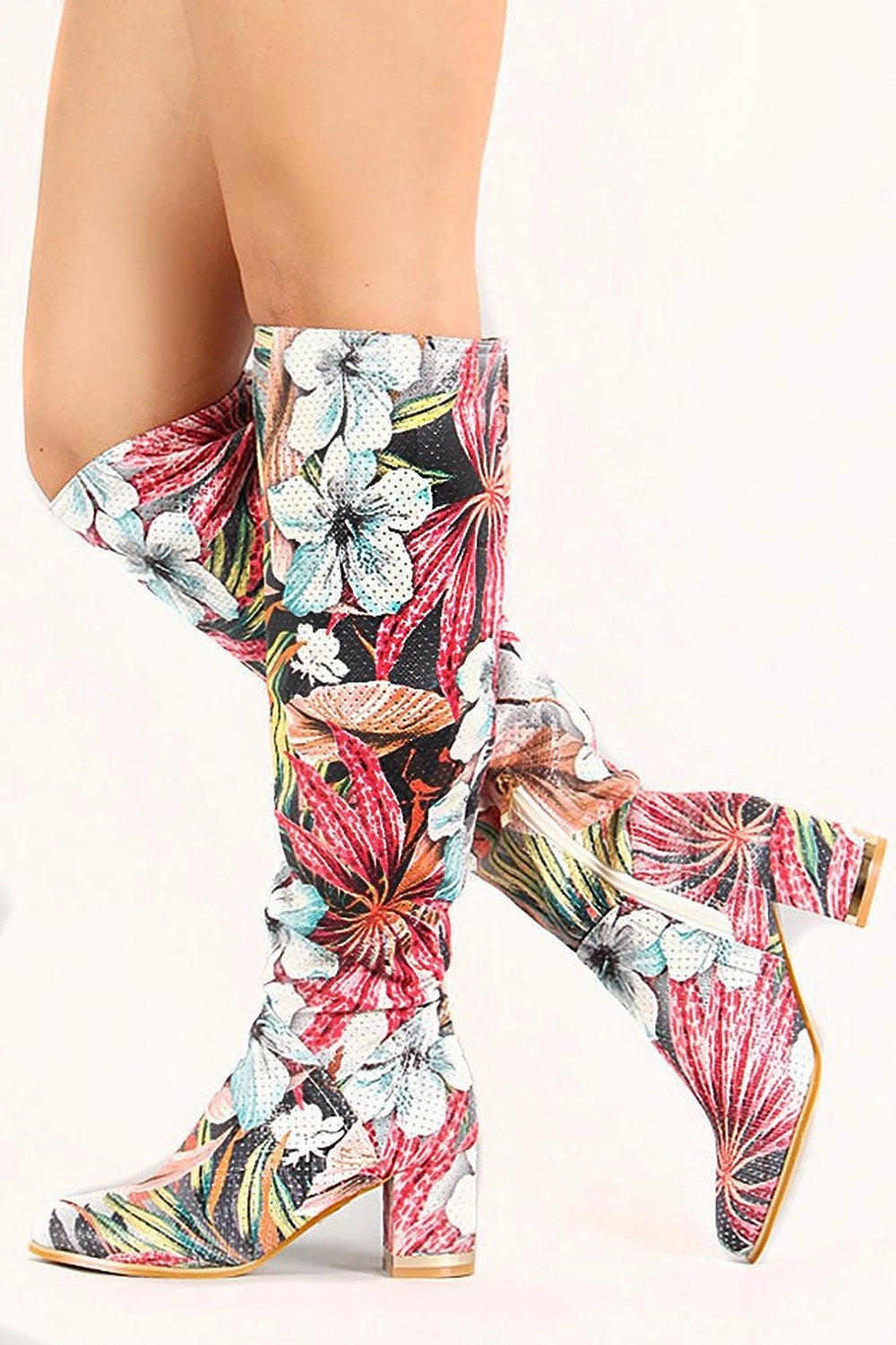 Short Hunter Rain Boots Sale Perforated Leatherette Tropical Floral Knee High Go-Go Boot