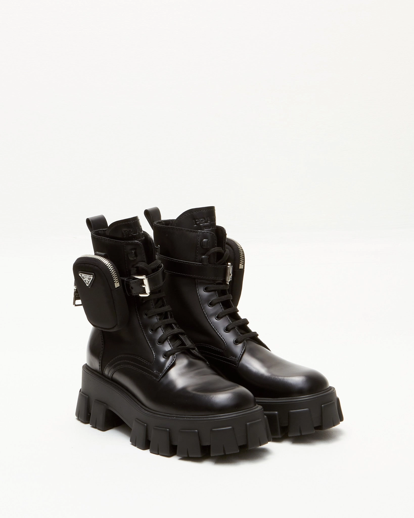 Prada Black Leather & Nylon Monolith Platform Combat Boots - 39.5 Adidas Shoes Ph