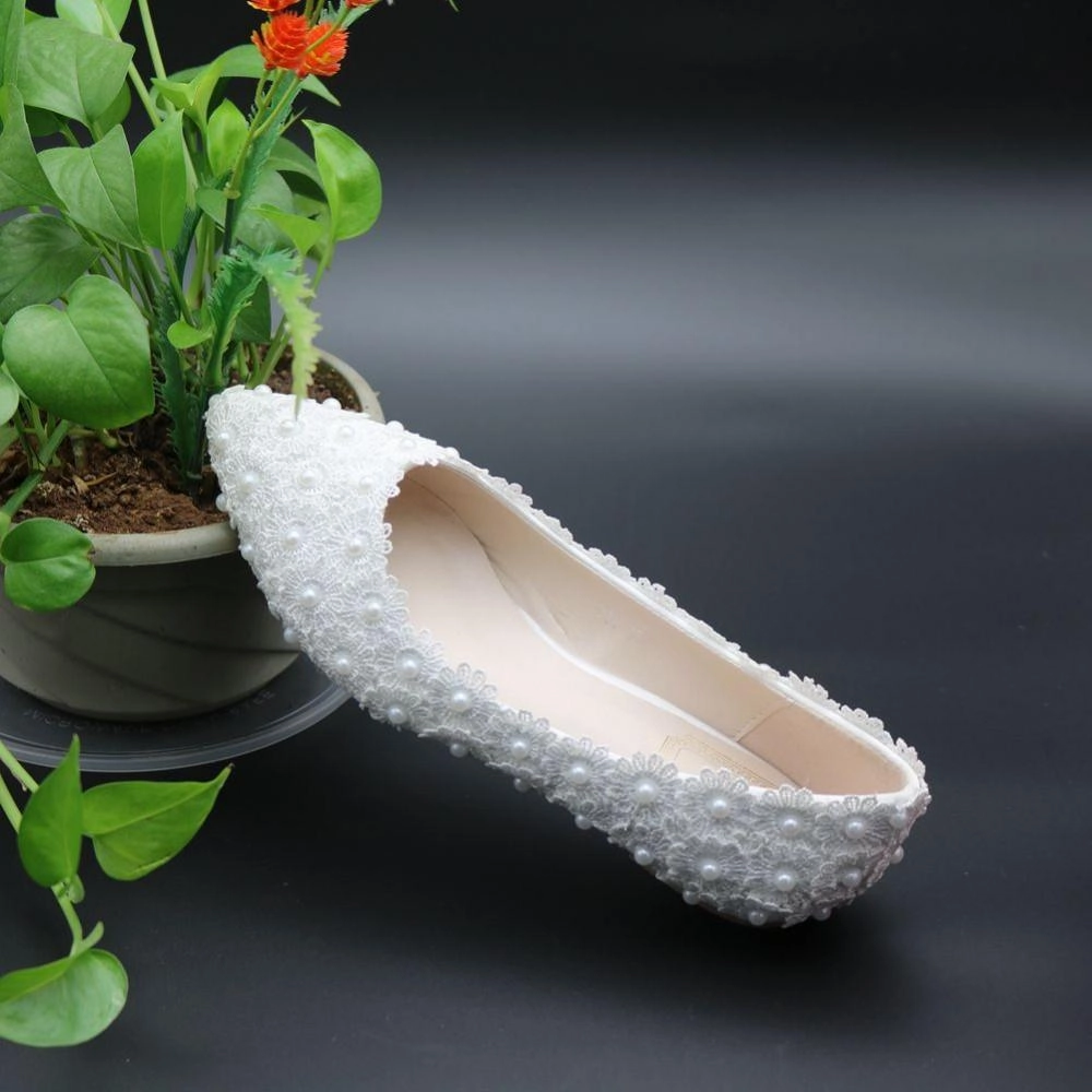 Pickleball Shoes Asics Pregnant Flat Heels Pearls Lace Pointed Toe White Wedding Bridal Shoes, S017