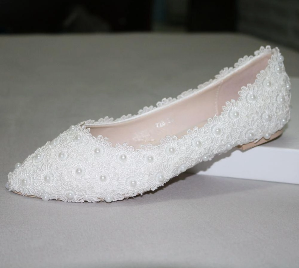 Pregnant Flat Heels Pearls Lace Pointed Toe White Wedding Bridal Shoes, S017 Asics Gel-challenger 15 Tennis Shoes