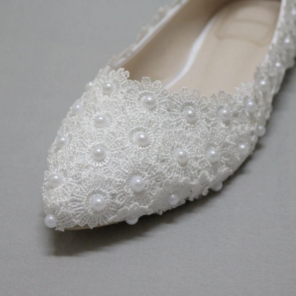 Pregnant Flat Heels Pearls Lace Pointed Toe White Wedding Bridal Shoes, S017 Asics Shoes Gel Kayano 29