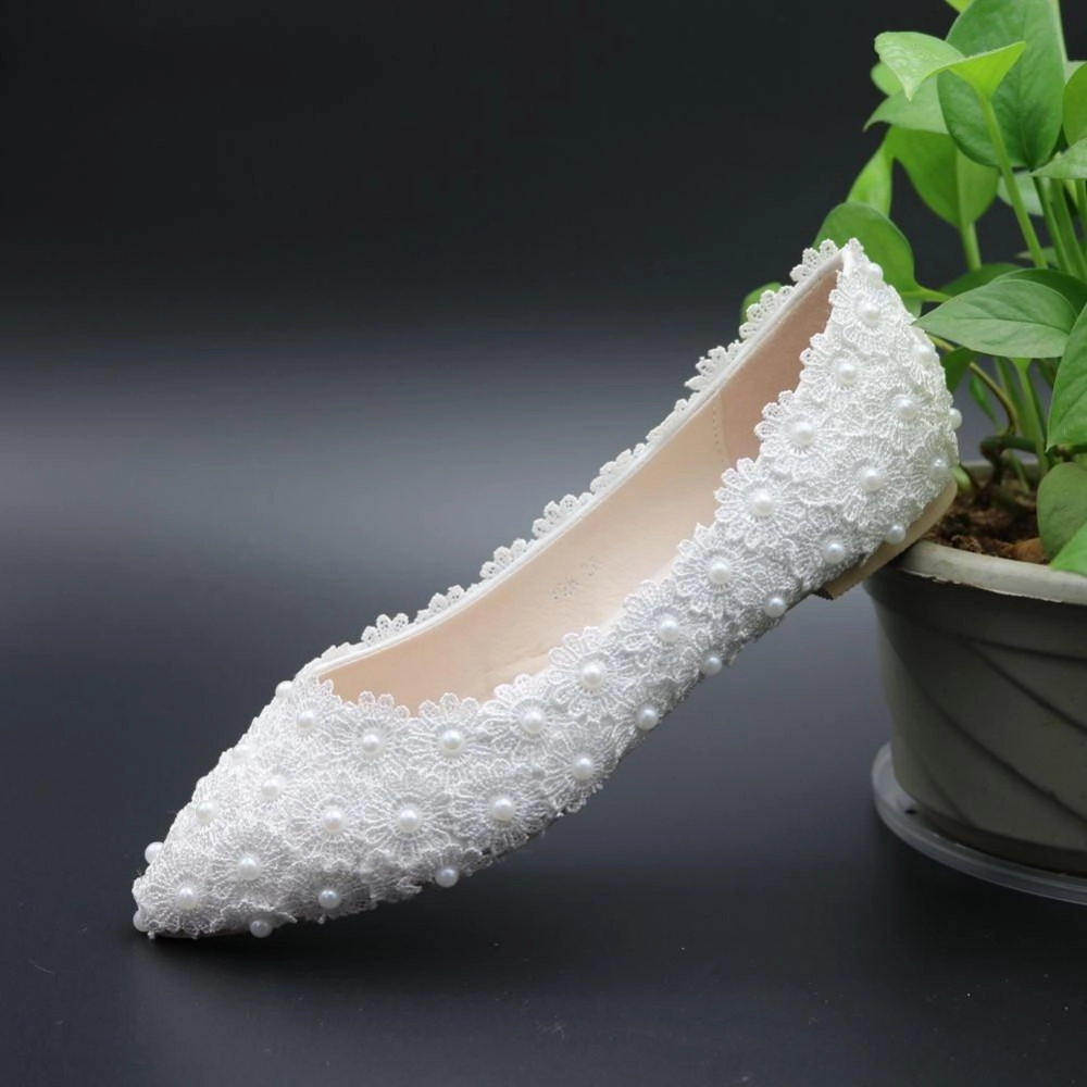Pregnant Flat Heels Pearls Lace Pointed Toe White Wedding Bridal Shoes, S017 Asics Gel Dedicate 8 Tennis Shoe