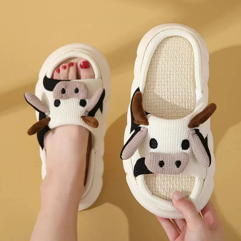 Adult Slide Ladies Home Slippers Linen Comfortable, Soft and Lightweight Cotton Slippers Cute Cartoon Cow Couple Slippers Shoes for Women