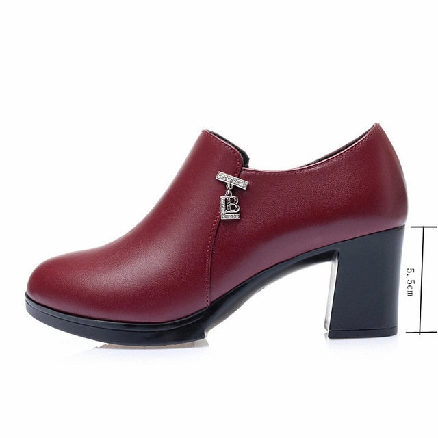 High Heel Dress Shoes Hand Made Genuine Leather Red Thick  Square Heel Soft Surface Women's Shoes