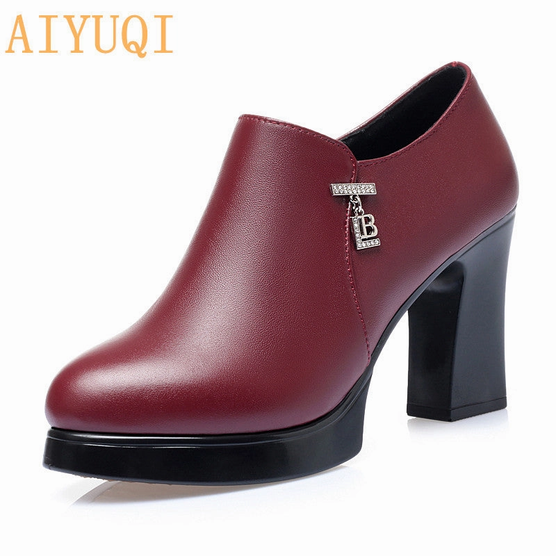 Gold Flat Dress Shoes Hand Made Genuine Leather Red Thick  Square Heel Soft Surface Women's Shoes