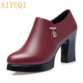 Hand Made Genuine Leather Red Thick  Square Heel Soft Surface Women's Shoes Jcp Dress Shoes