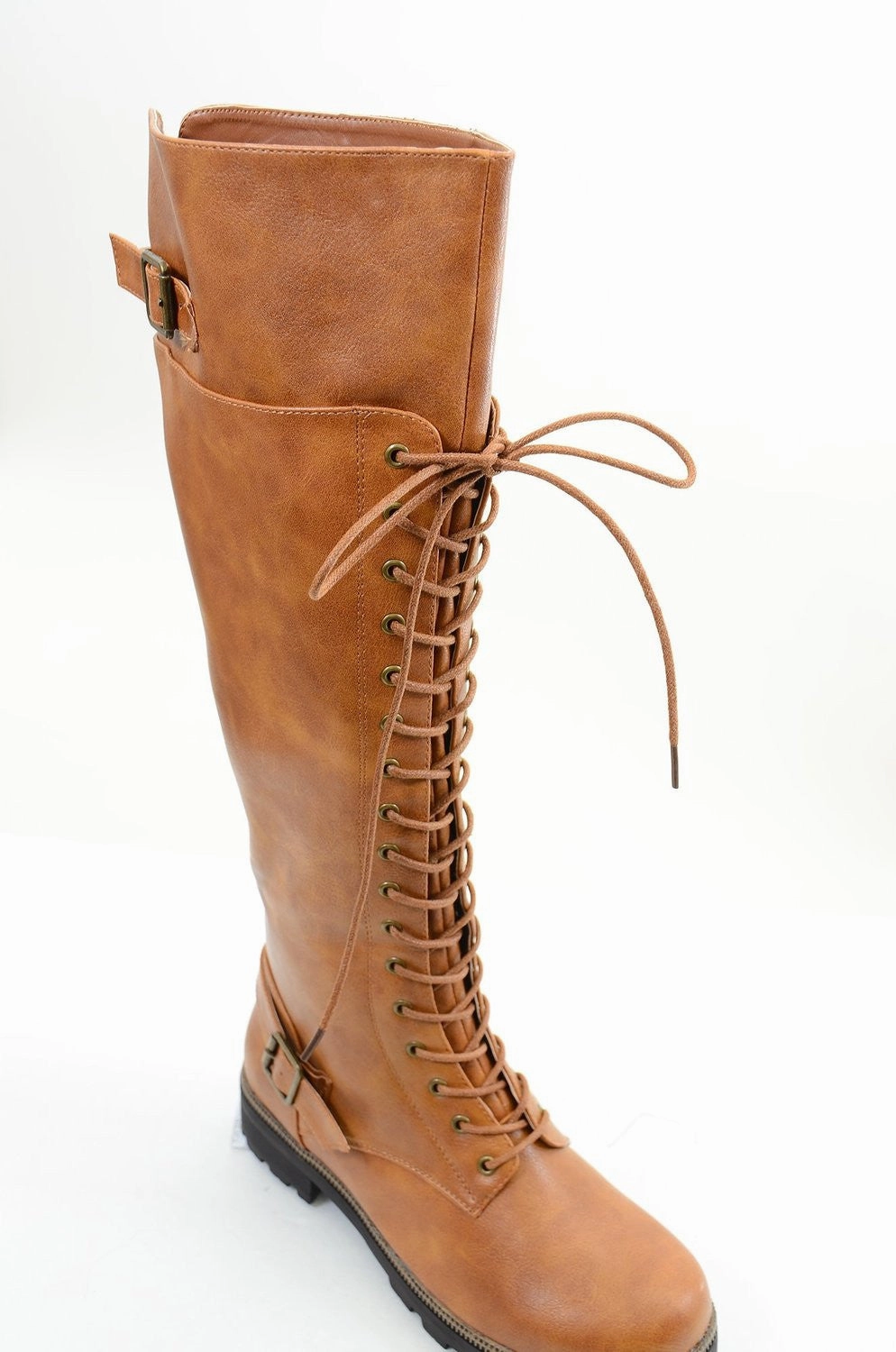 Buckled Combat Lace Up Lug Sole Knee High Vegan Leather Boots Bandolino Rain Boots