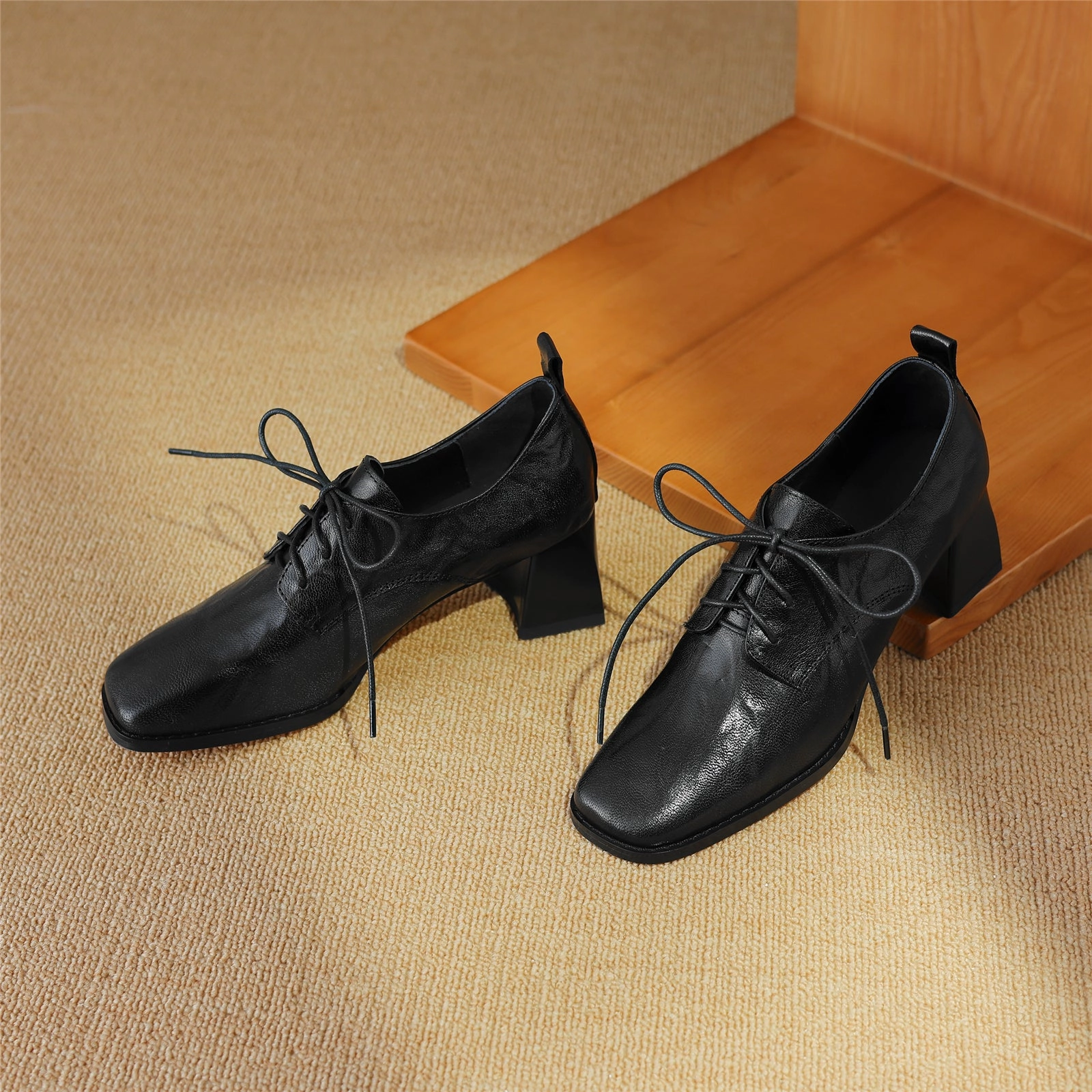 TinaCus Women's Genuine Leather Square Toe Handmade Lace Up Oxford Pumps Slip-on Dress Shoes