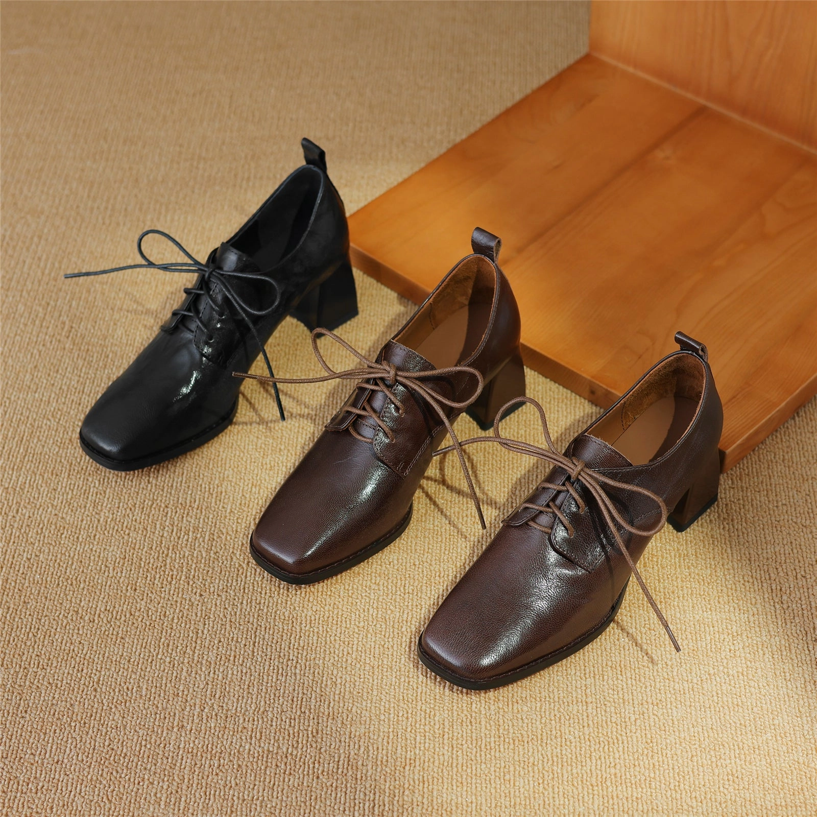 TinaCus Women's Genuine Leather Square Toe Handmade Lace Up Oxford Pumps Pregnancy Dress Shoes