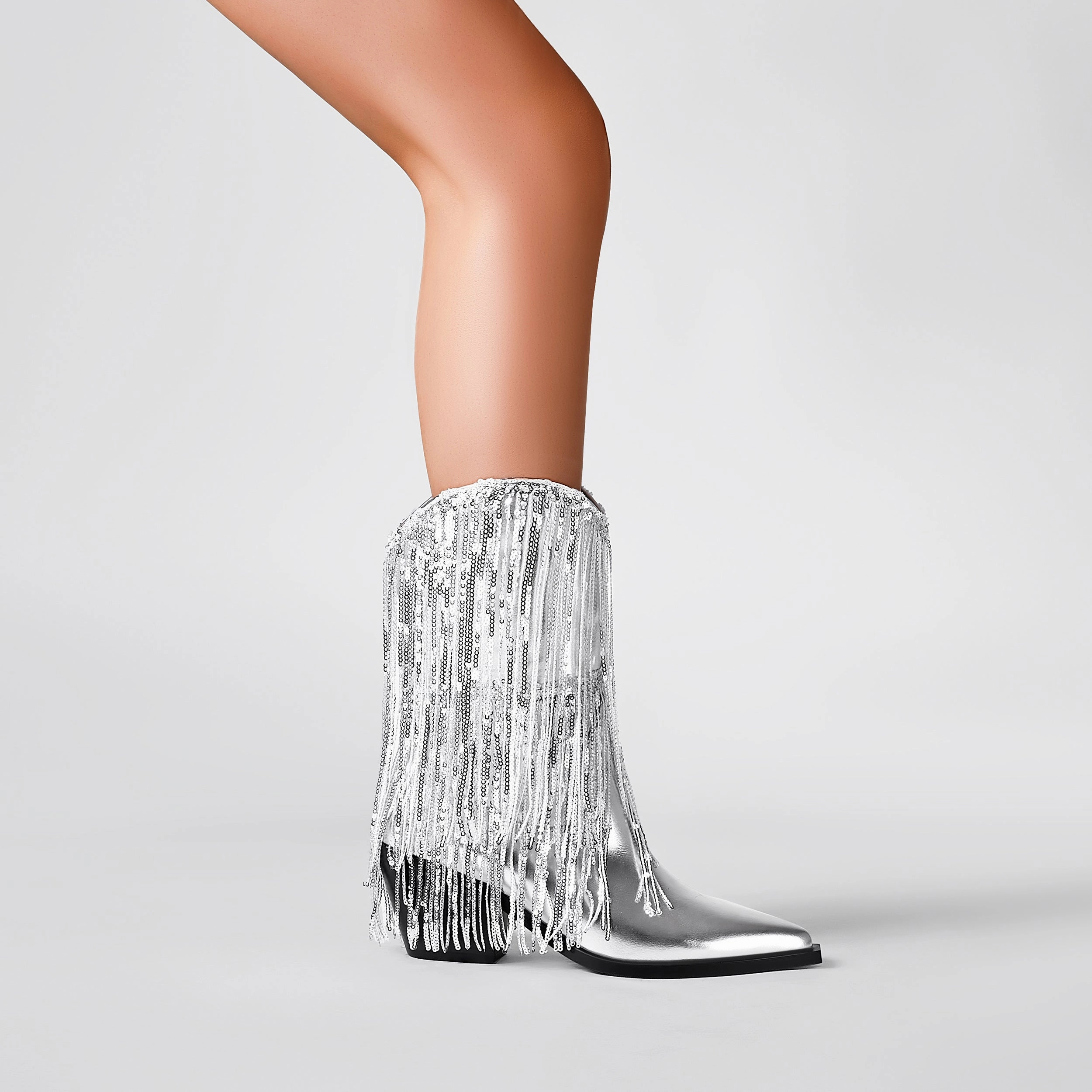 Womens Metallic Sequin Fringed Zipper Pointy Chunky Heeled Western Cowgirl Ankle Boots Adidas Road Running Shoes