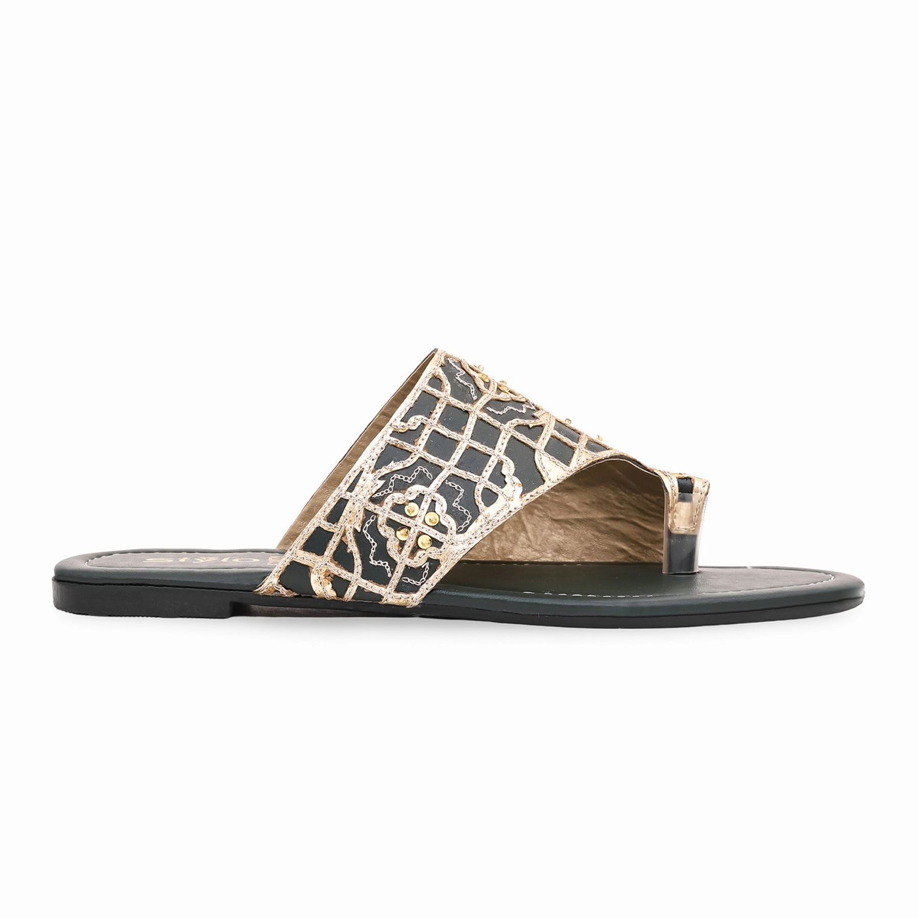 Green Ethnic Chappal EC0171 Stiff Flat Pedal Shoes