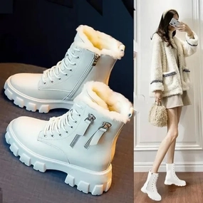 Demar Snow Boots Pu Leather Platform Ankle Boots Women Lace-Up Zipper Thicked Plush Snow Boots Woman Winter Non-Slip Warm Cotton Shoes kodez