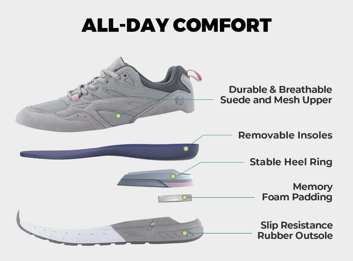 FitVille Women's Rebound Core Walking Shoes V9 Flat Comfy Work Shoes